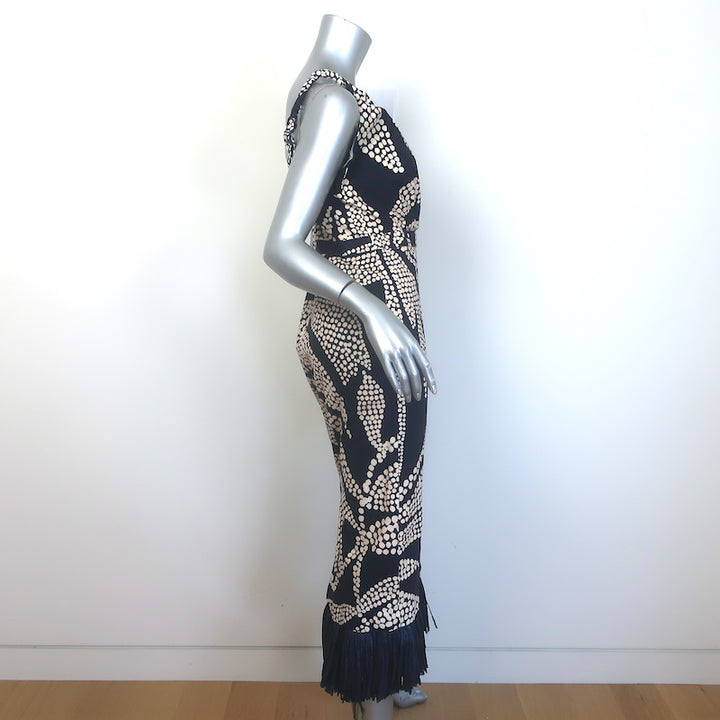 Johanna Ortiz Midnight Rituals Raffia-Fringe Midi Dress Navy Cotton Size 8