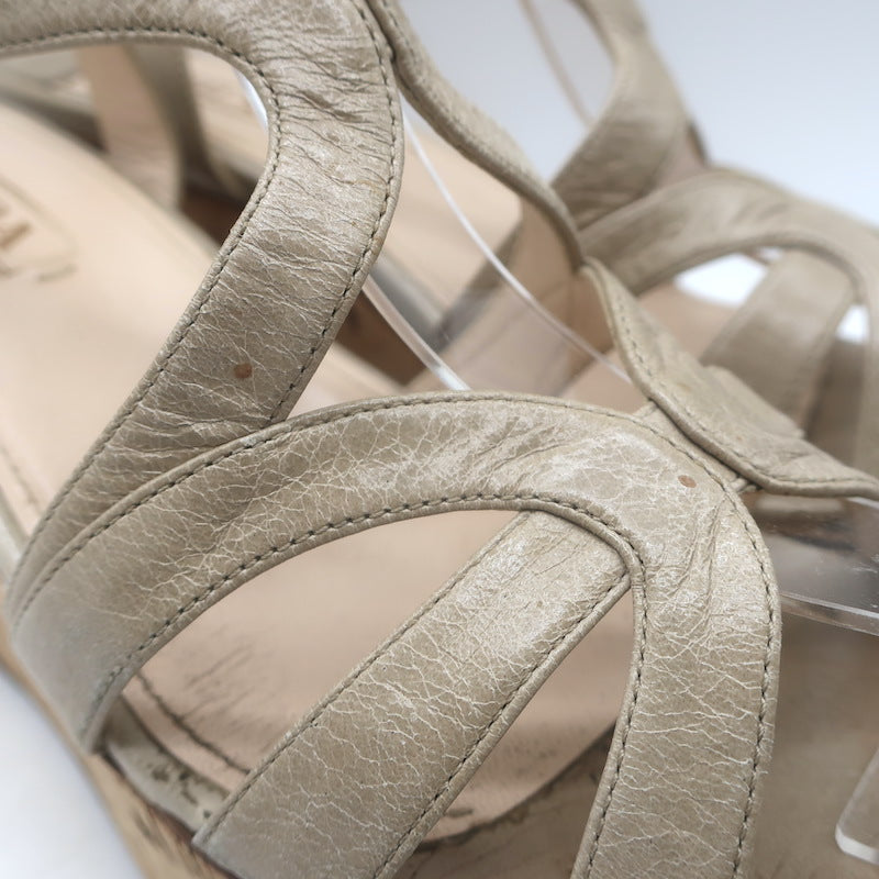 Prada Cork Platform Wedge Sandals Taupe Leather Size 39.5