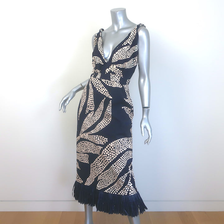 Johanna Ortiz Midnight Rituals Raffia-Fringe Midi Dress Navy Cotton Size 8