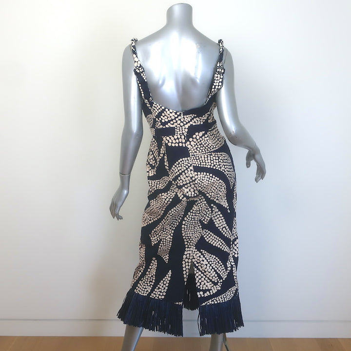 Johanna Ortiz Midnight Rituals Raffia-Fringe Midi Dress Navy Cotton Size 8