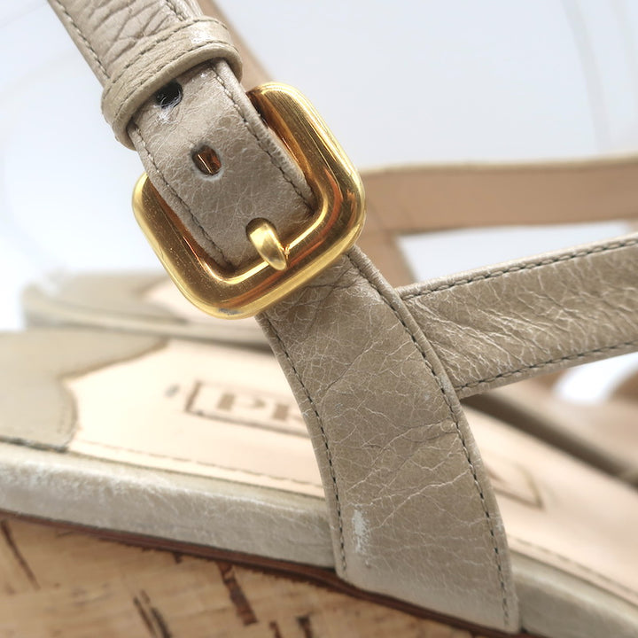 Prada Cork Platform Wedge Sandals Taupe Leather Size 39.5