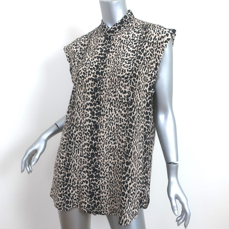 Saint Laurent Sleeveless Button Up Blouse Leopard Print Silk Size 36