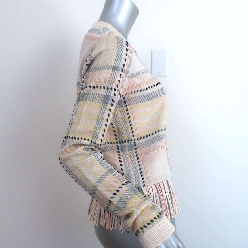 Chloe Fringed Plaid Sweater Cream Wool-Cashmere Size Small