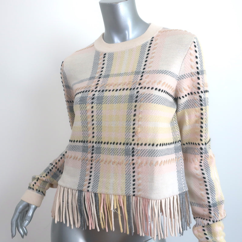 Chloe Fringed Plaid Sweater Cream Wool-Cashmere Size Small
