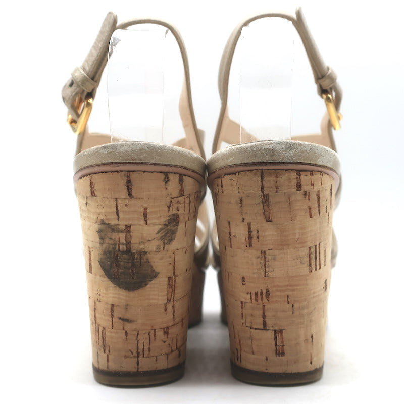 Prada Cork Platform Wedge Sandals Taupe Leather Size 39.5