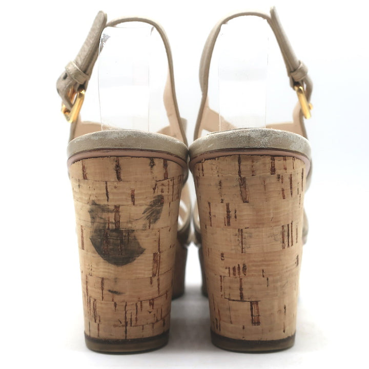Prada Cork Platform Wedge Sandals Taupe Leather Size 39.5