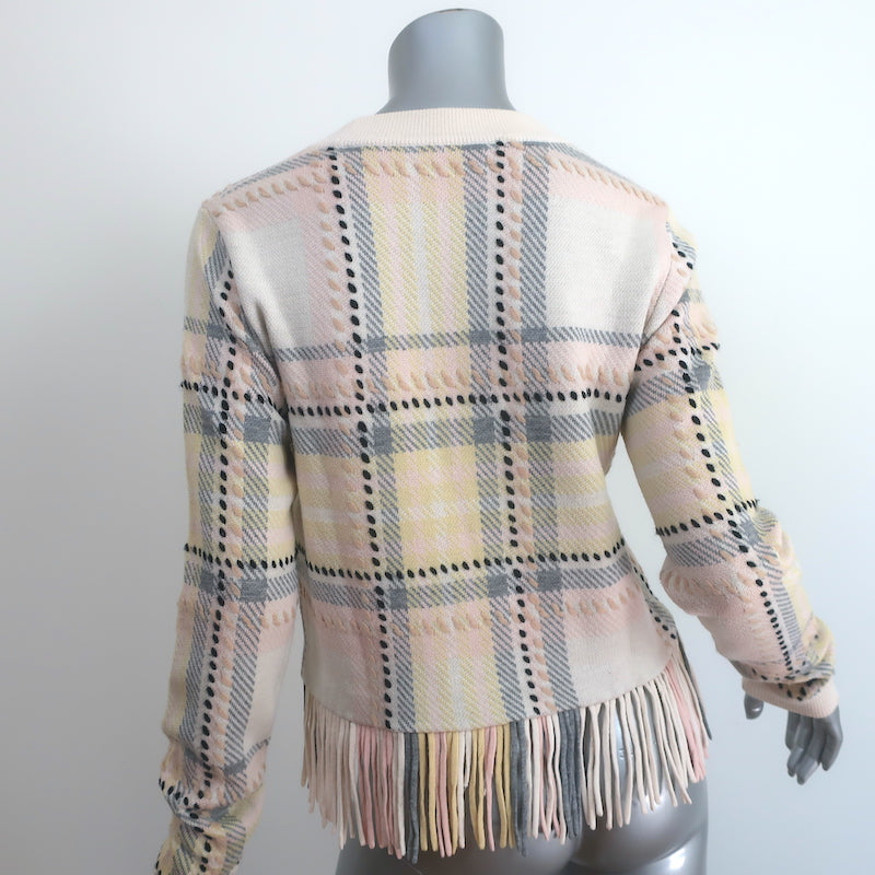 Chloe Fringed Plaid Sweater Cream Wool-Cashmere Size Small