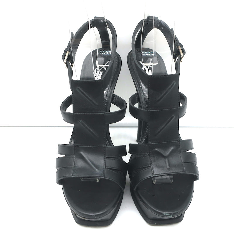 Yves Saint Laurent Y-Embossed Platform Sandals Black Leather Size 37