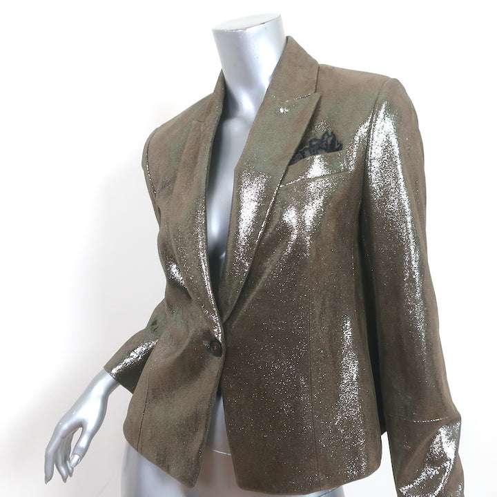 Brunello Cucinelli Metallic Leather Blazer Gold Size 42 One-Button Jacket