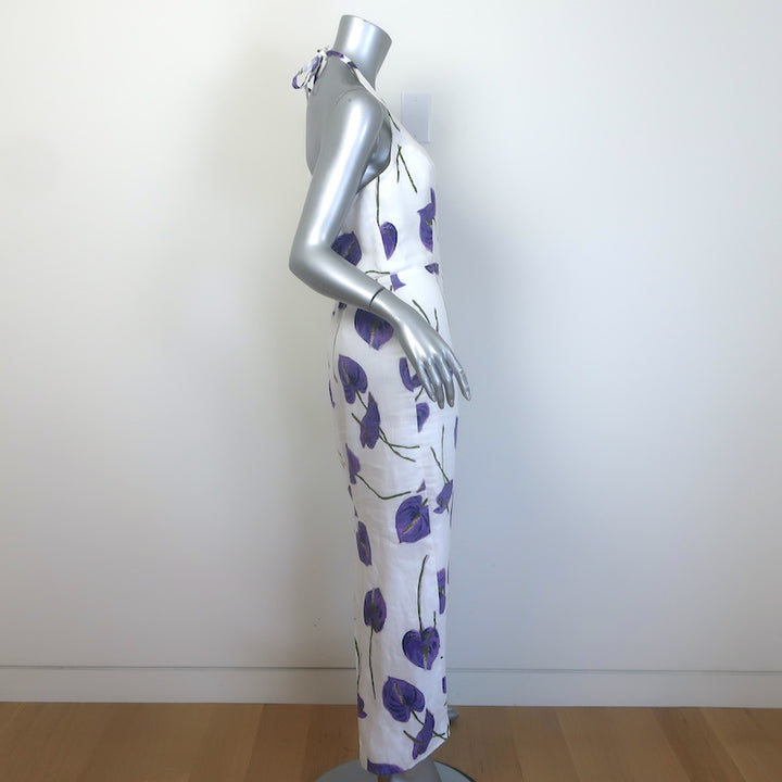 Reformation Yana Halter Midi Dress White Anthurium Print Linen Size 6