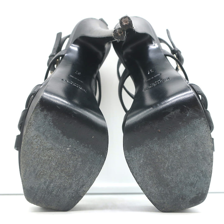 Yves Saint Laurent Y-Embossed Platform Sandals Black Leather Size 37