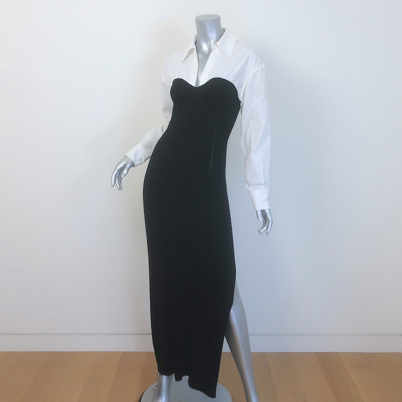 Staud Hazel Layered-Effect Ribbed Knit Midi Dress Black/White Size Medium