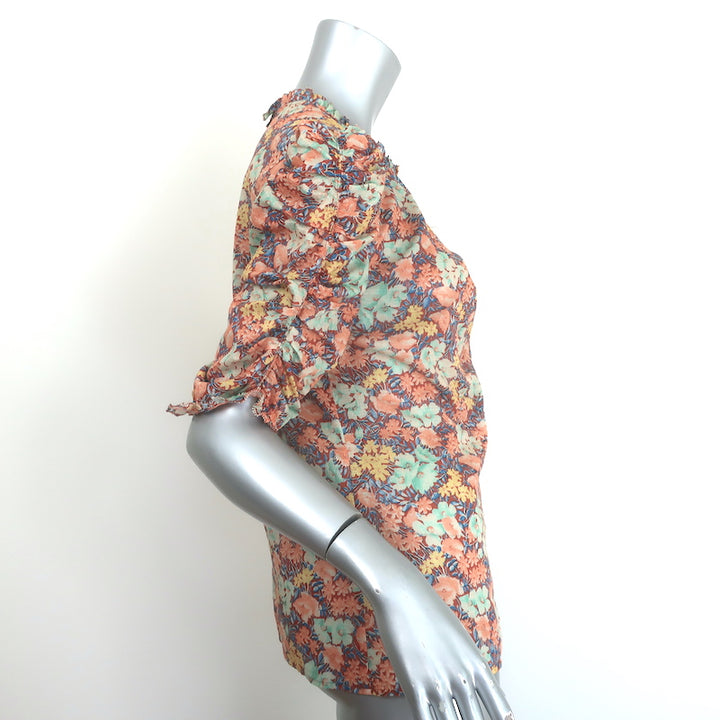 Veronica Beard Natuka Ruched Top Floral Print Cotton Size 8 Short Sleeve Blouse