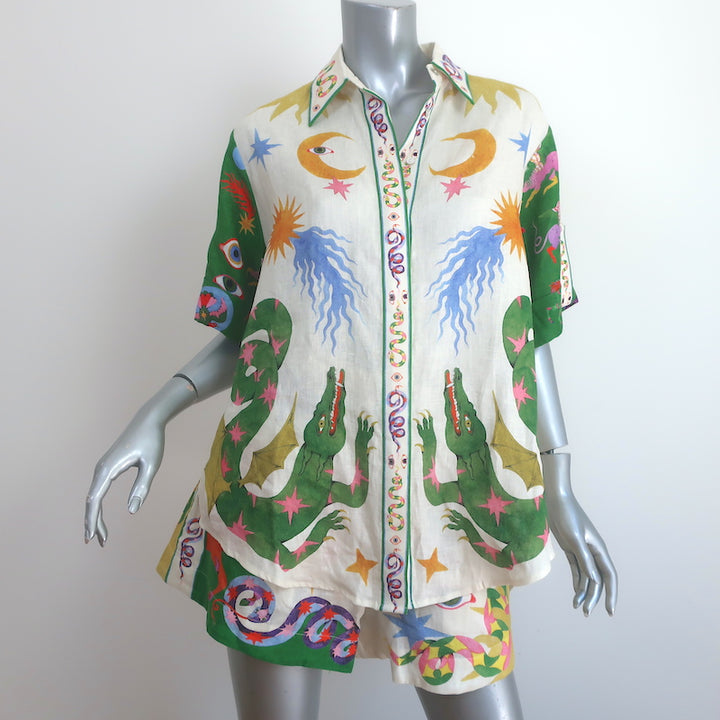 Alemais Seeker Matching Shirt &amp; Short Set Multi Printed Linen Size US 2 NEW