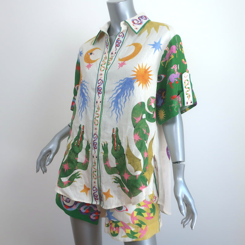 Alemais Seeker Matching Shirt &amp; Short Set Multi Printed Linen Size US 2 NEW