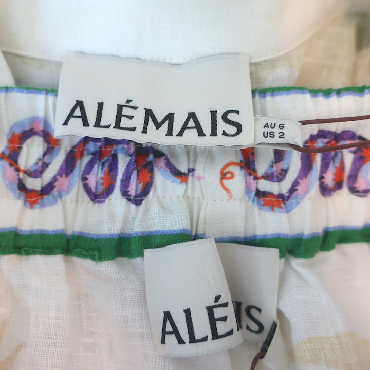 Alemais Seeker Matching Shirt &amp; Short Set Multi Printed Linen Size US 2 NEW