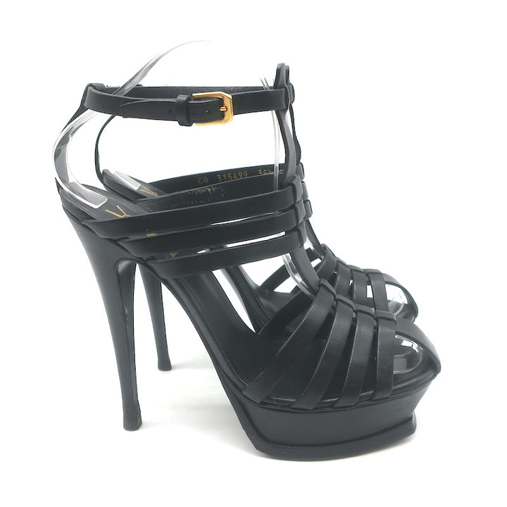 Yves Saint Laurent Fisherman Tribute Platform Sandals Black Leather Size 38.5