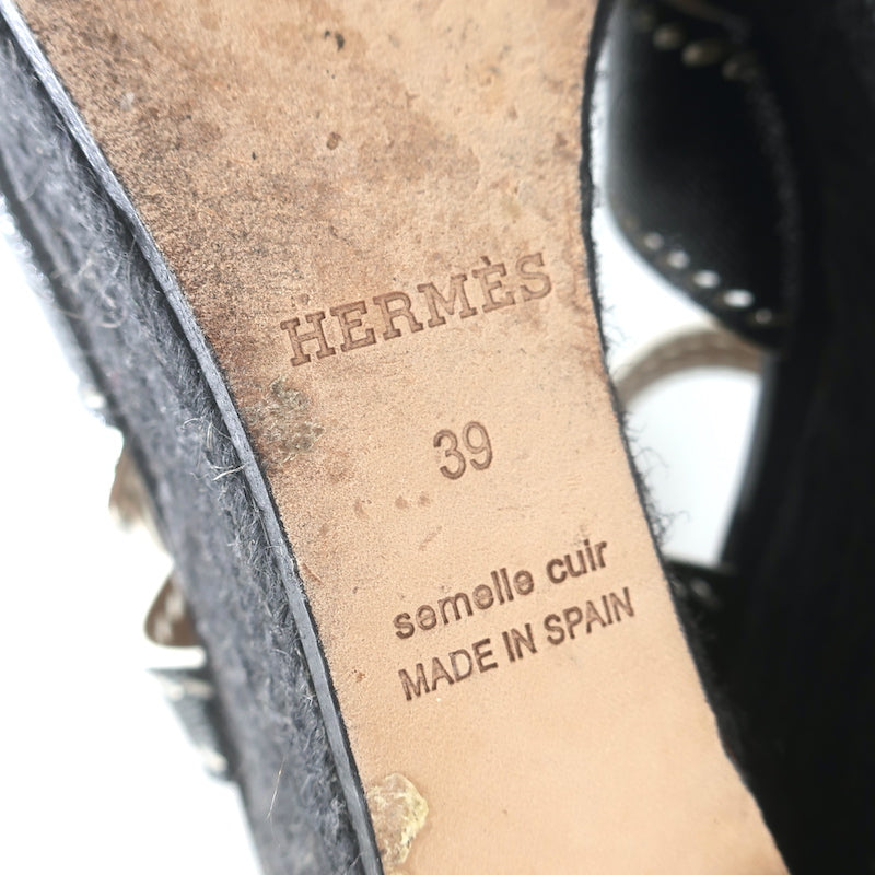 Hermes Crisscross Espadrille Wedge Sandals Black Patent Leather Size 39