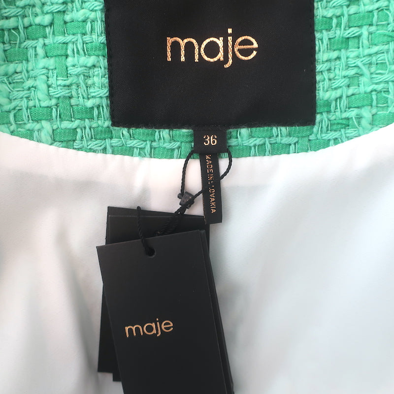 Maje Vivete Tweed Blazer Green Cotton-Blend Size 36 V-Neck Jacket NEW