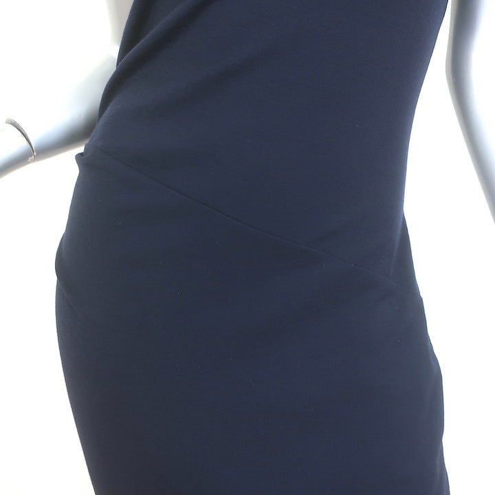 Brunello Cucinelli Pleated-Side Midi Dress Navy Stretch Wool Size Medium