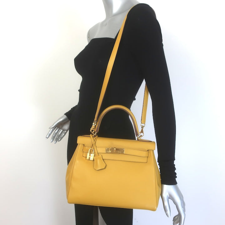Hermes 2019 Kelly 28 Bag Jaune Ambre Togo Leather Gold Hardware