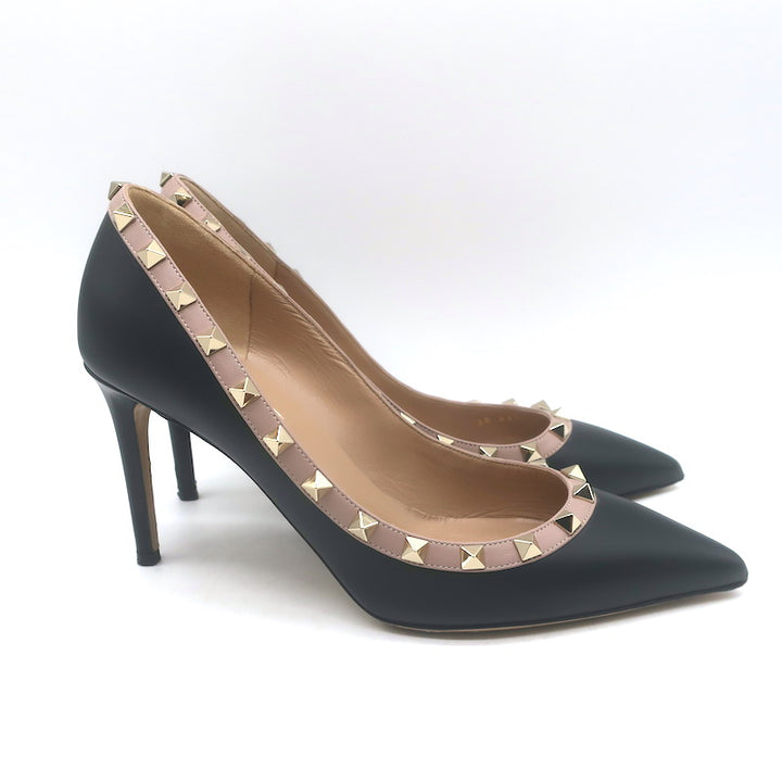 Valentino Rockstud Pointed Toe Pumps Black &amp; Poudre Leather Size 39