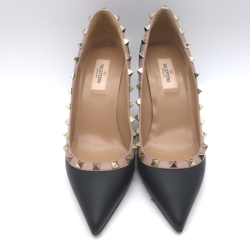 Valentino Rockstud Pointed Toe Pumps Black &amp; Poudre Leather Size 39