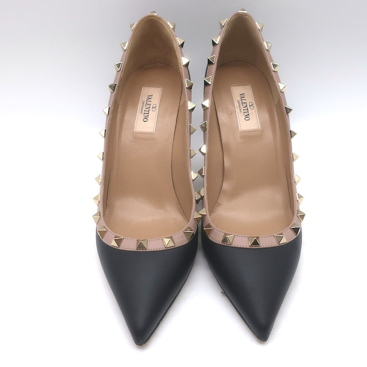 Valentino Rockstud Pointed Toe Pumps Black &amp; Poudre Leather Size 39