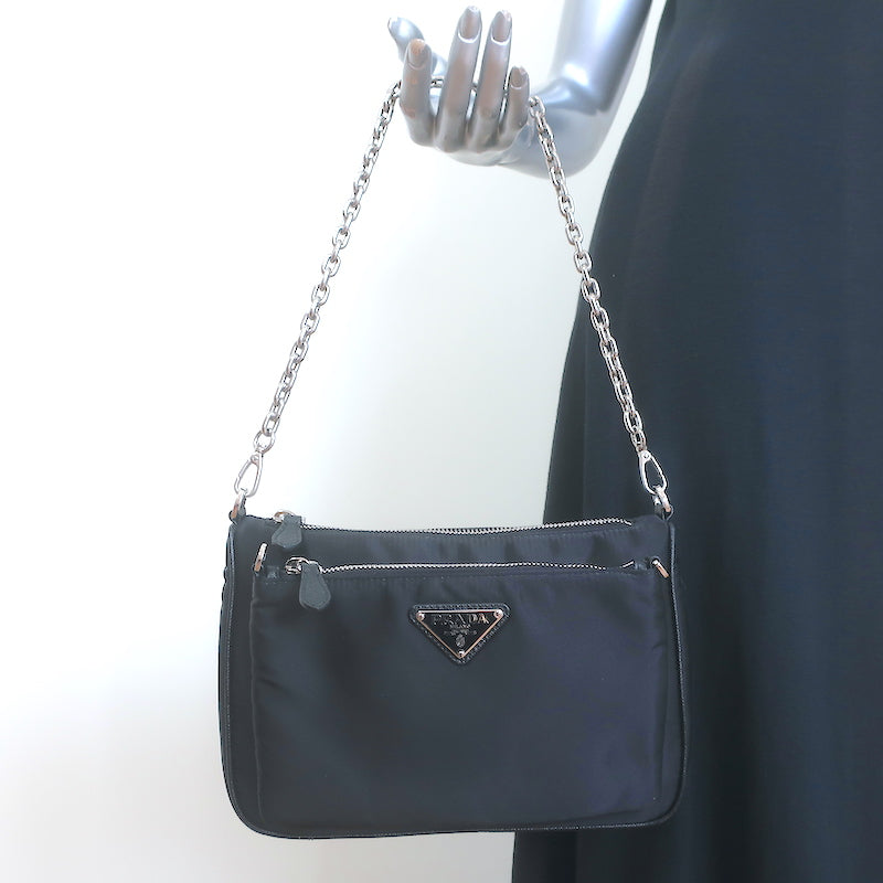 Prada Re-Nylon 2-in-1 Chain Strap Shoulder Bag Black Small Crossbody NEW