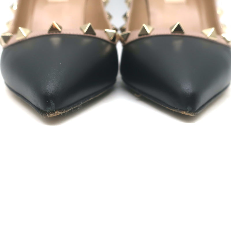 Valentino Rockstud Pointed Toe Pumps Black &amp; Poudre Leather Size 39