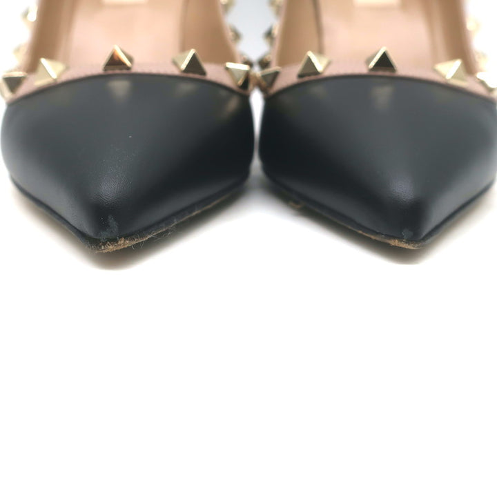 Valentino Rockstud Pointed Toe Pumps Black &amp; Poudre Leather Size 39