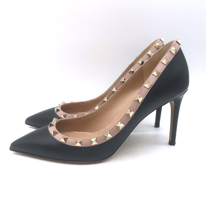 Valentino Rockstud Pointed Toe Pumps Black &amp; Poudre Leather Size 39
