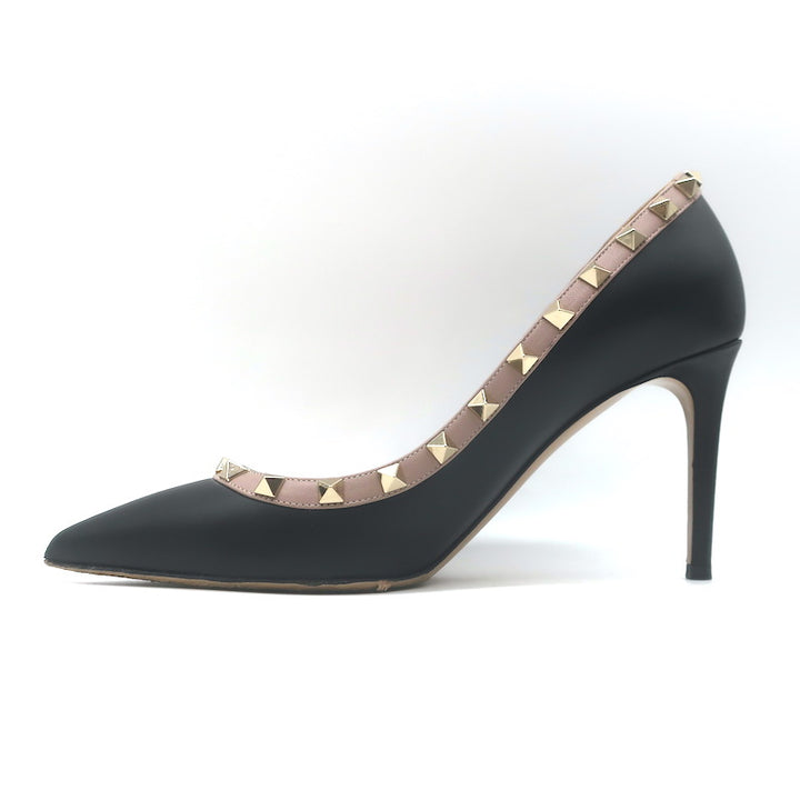 Valentino Rockstud Pointed Toe Pumps Black &amp; Poudre Leather Size 39