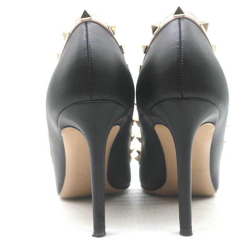 Valentino Rockstud Pointed Toe Pumps Black &amp; Poudre Leather Size 39