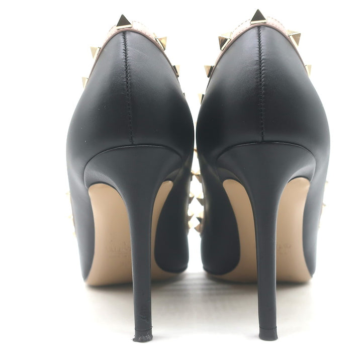 Valentino Rockstud Pointed Toe Pumps Black &amp; Poudre Leather Size 39