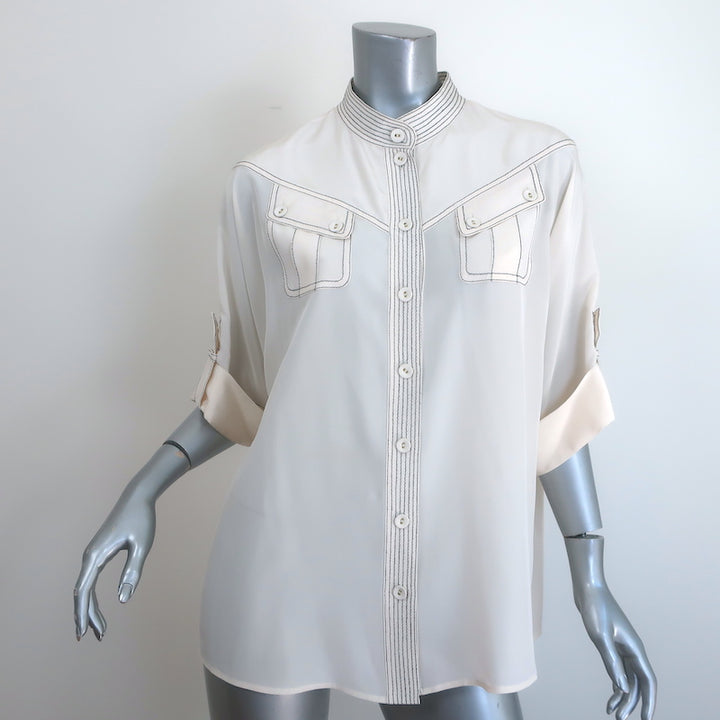 Zimmermann Contrast-Stitch Shirt Cream Silk Size 3 Short Sleeve Blouse