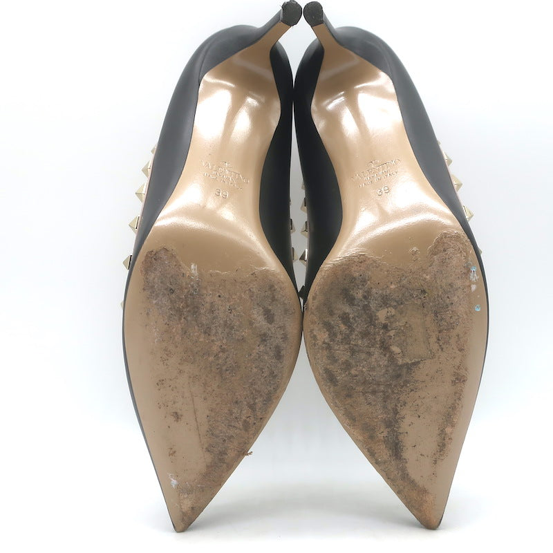 Valentino Rockstud Pointed Toe Pumps Black &amp; Poudre Leather Size 39