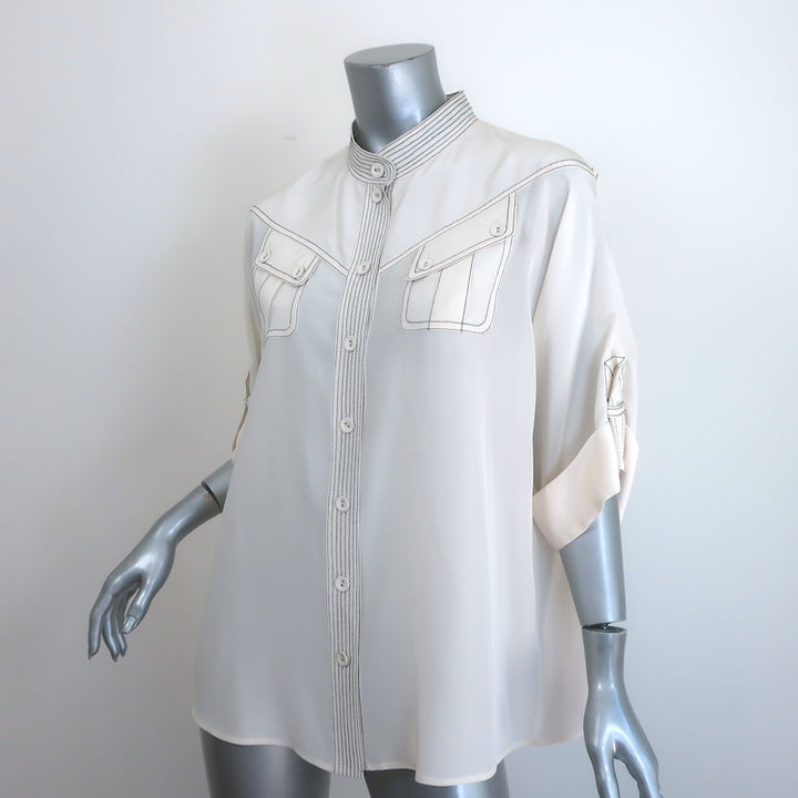 Zimmermann Contrast-Stitch Shirt Cream Silk Size 3 Short Sleeve Blouse