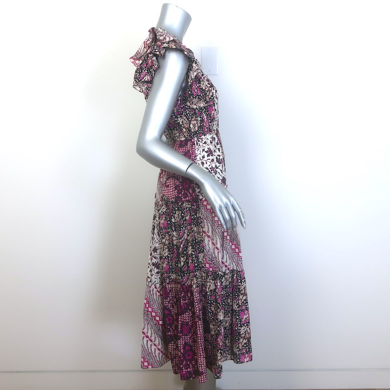 Ulla Johnson Asis Midi Dress Fuchsia/Cream Patchwork Print Cotton-Silk Size 4