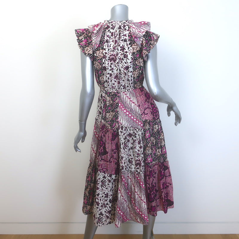 Ulla Johnson Asis Midi Dress Fuchsia/Cream Patchwork Print Cotton-Silk Size 4