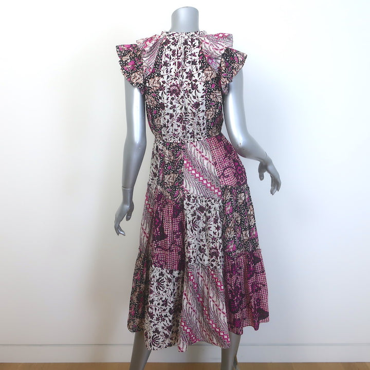Ulla Johnson Asis Midi Dress Fuchsia/Cream Patchwork Print Cotton-Silk Size 4