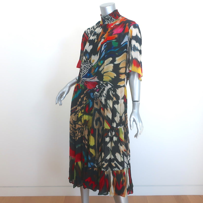 Akris Punto Tiered Midi Dress Butterfly Print Georgette Size US 12 NEW