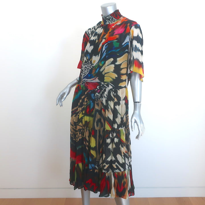 Akris Punto Tiered Midi Dress Butterfly Print Georgette Size US 12 NEW