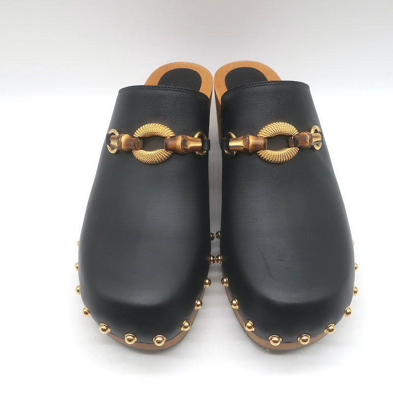 Gucci Bamboo-Bit Studded Clogs Black Leather Size 40