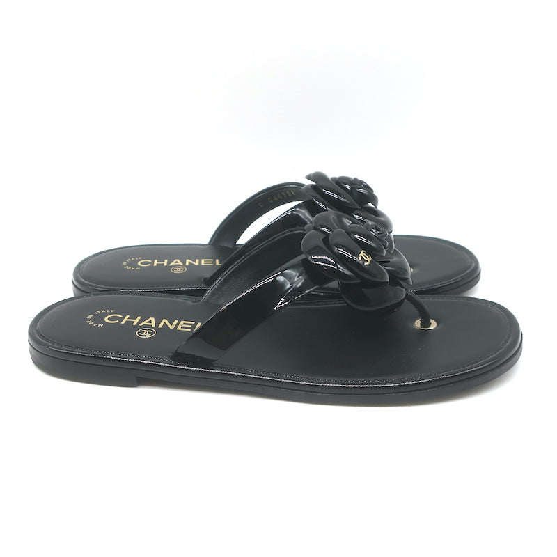 Chanel Camellia Jelly Thong Sandals Black Size 38