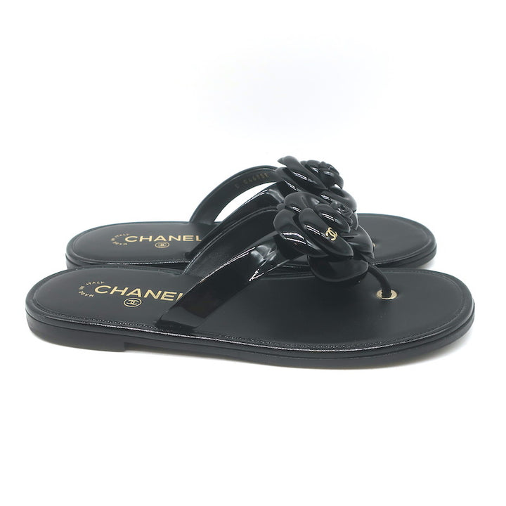 Chanel Camellia Jelly Thong Sandals Black Size 38
