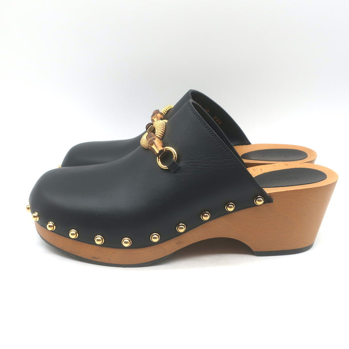 Gucci Bamboo-Bit Studded Clogs Black Leather Size 40