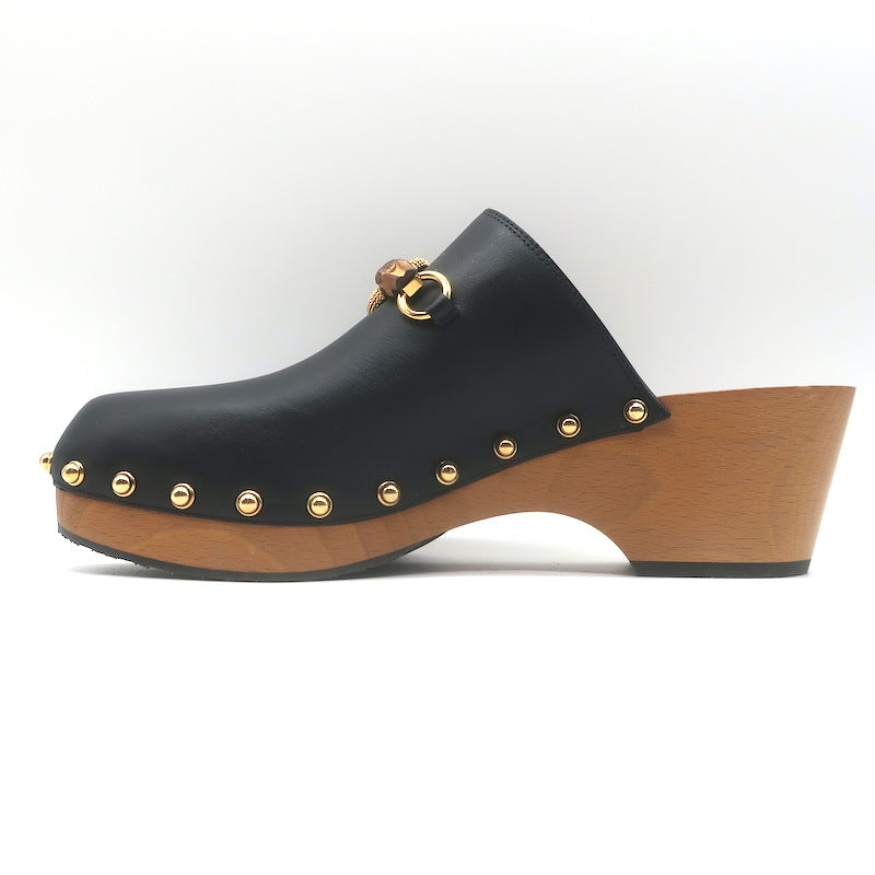 Gucci Bamboo-Bit Studded Clogs Black Leather Size 40