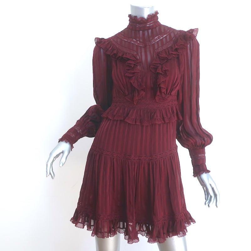 Zimmermann Espionage Ruffled Mini Dress Burgundy Lace-Trimmed Silk Siz Celebrity Owned Zimmermann Espionage Ruffled Mini Dress Burgundy Lace-Trimmed Silk Siz Celebrity Owned