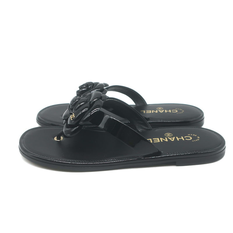 Chanel Camellia Jelly Thong Sandals Black Size 38